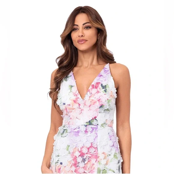 Xscape 3D-Appliqué Floral-Print Gown Size 4 White‎ Pink Formal Evening Dress Maxi
